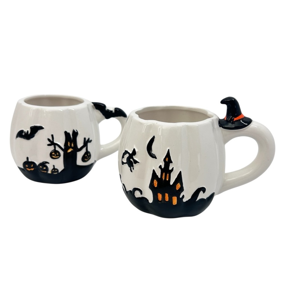 National Tree Company Halloween Ceramic Mug Set Black White 14oz Spooky Season